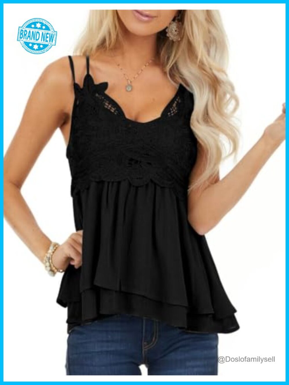 Lace Chiffon Spaghetti Strap V-Neck Cami Babydoll Tank Top